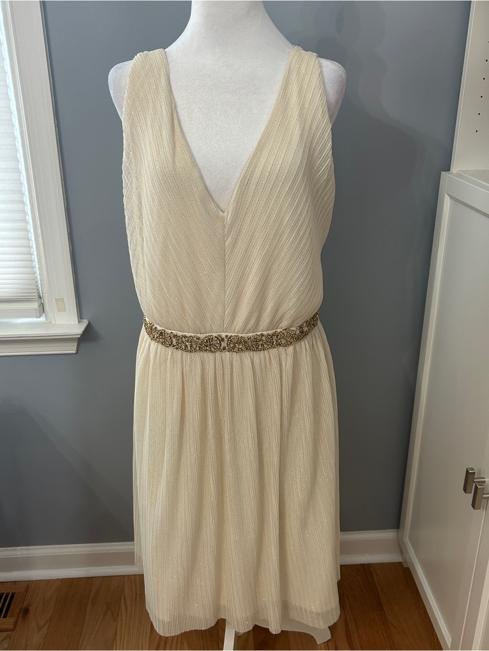 NWT BCX Plus Size 22W Champagne Glitter Dress A-Line Beaded Belt Cocktail Party